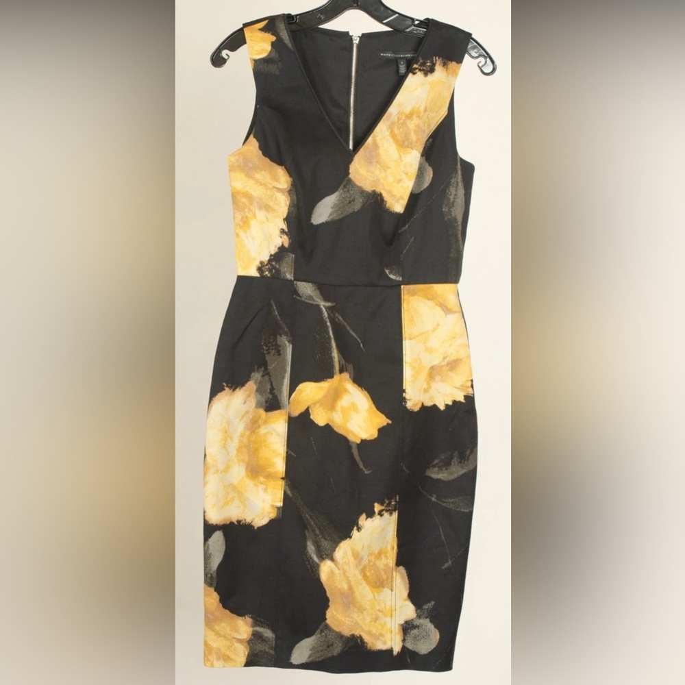 White House Black Market Black Sheath Dress with Yellow Floral Print